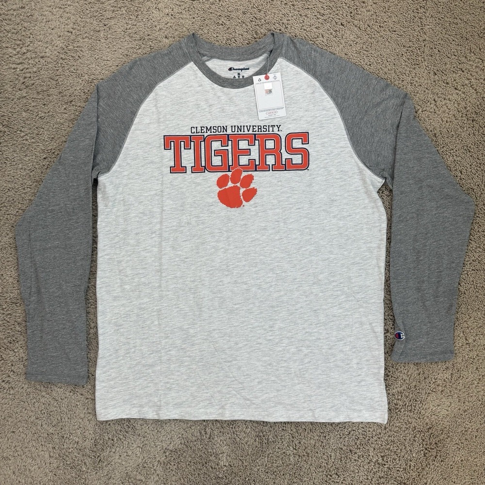 Clemson Tigers T-Shirt XL Champion Gray Spellout Raglan Long Sleeve 2 Tone Top